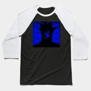 Beautiful girl in strange dark suit, with face mask. Blue, black. Dark. Baseball T-Shirt